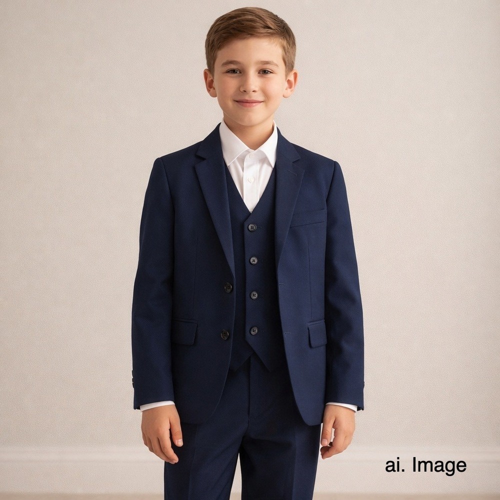 Boys Navy Blue 4 Piece Suit Set Sz. 10 Blazer Vest Pants Shirt Classiccore Luxe